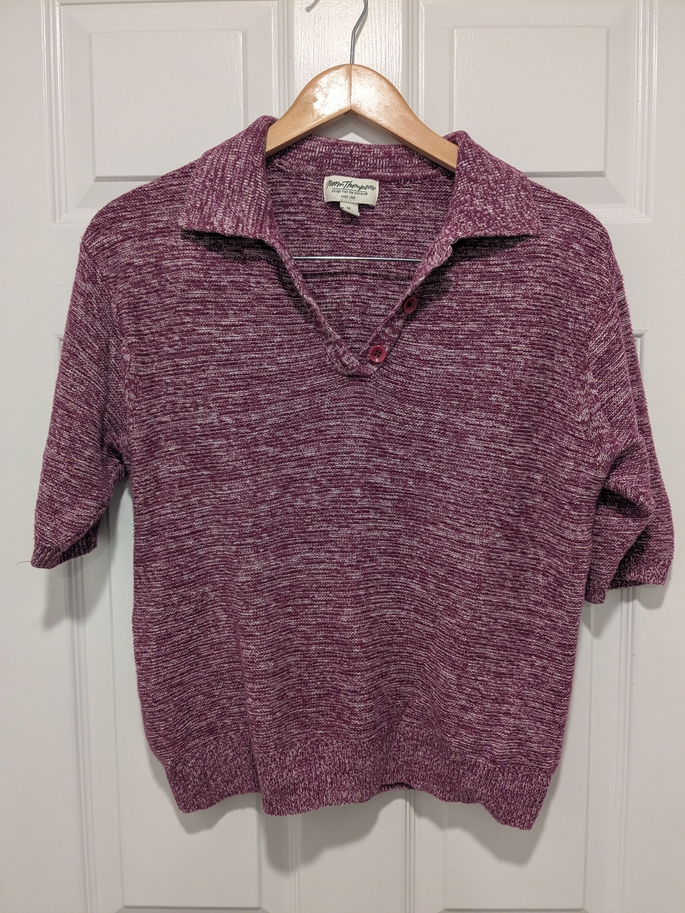 Norm Thompson Plum Marled V-Neck Polo Short-Sleeve Sweater
